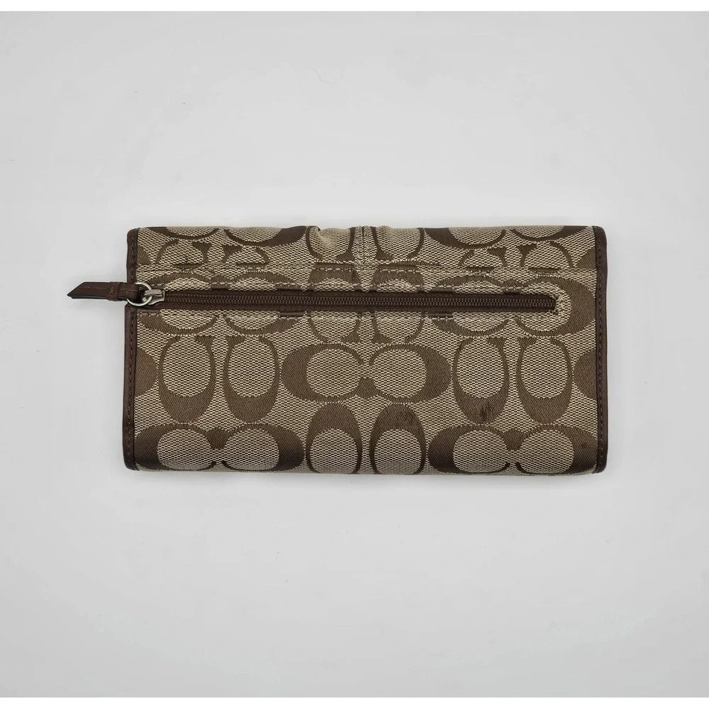 Coach Signature C Monogram Brown Leather Trim Trifold Wallet Pleated